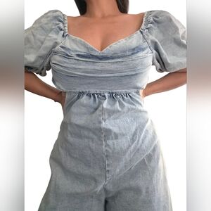 Light Wash Denim Jumpsuit with Puff Sleeves - Light Blue
